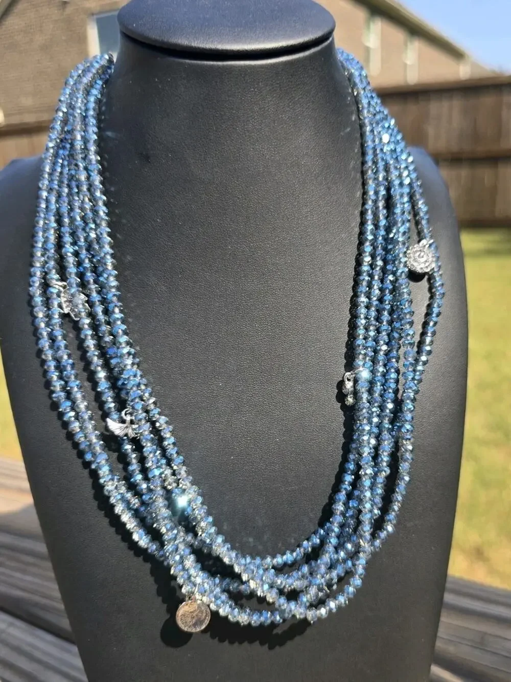 NWOT Marlyn Schiff Multi Strand Blue Crystal Statement Necklace Pave Charms